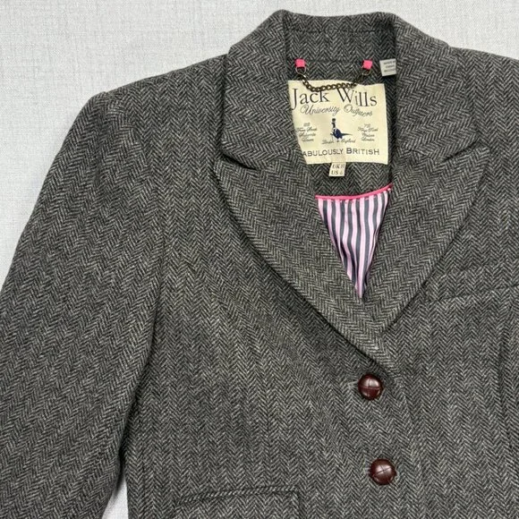 Jack Wills Tailored Blazer Herringbone Gray Wool Three Button Front Size 6 - Picture 5 of 12